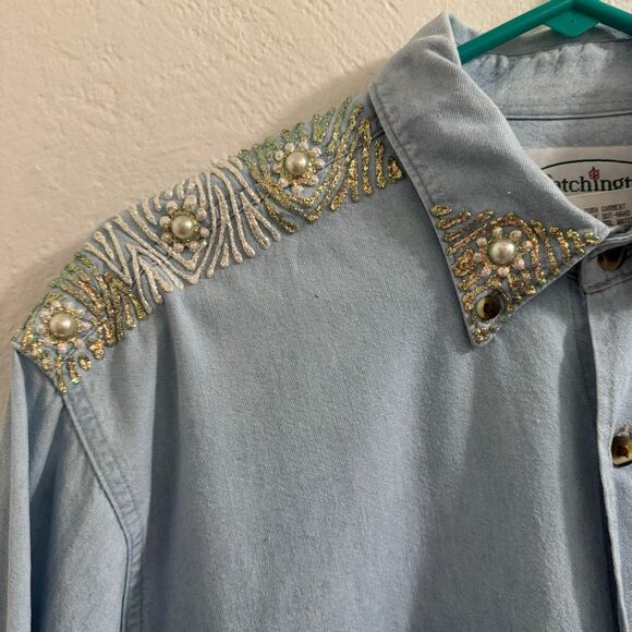 Patchington Vintage Pearl & Glitter Embellished Chambray Button Down M - Picture 2 of 6